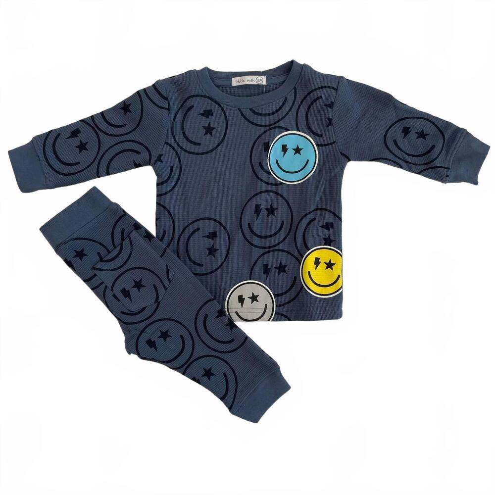 NEW LITTLE MISH kids' drip smilies thermal shirt & pant in denim